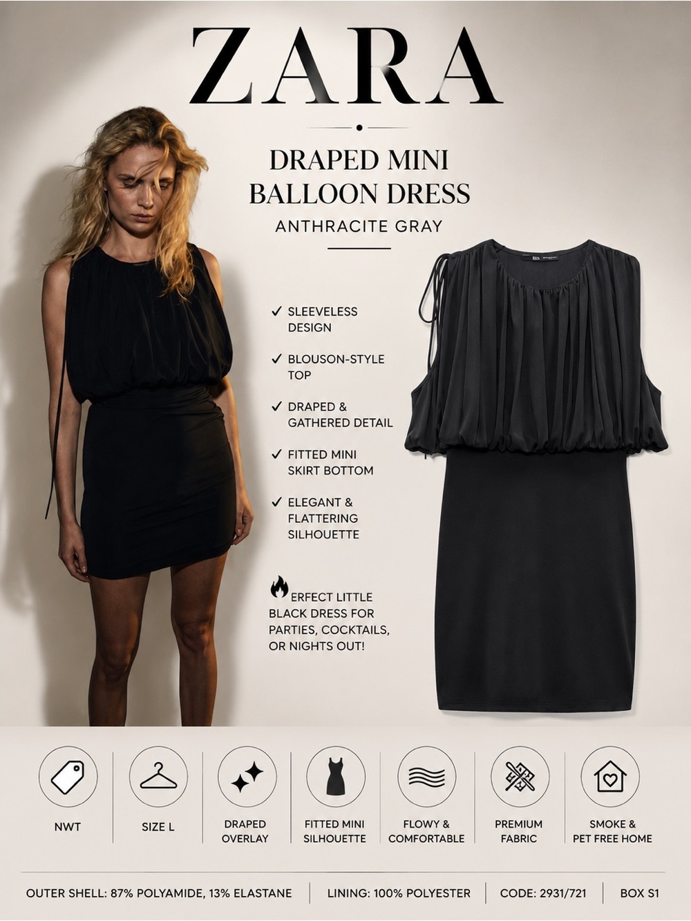 Zara Anthracite Gray Draped Mini Balloon Dress Size L NWT Sleeveless Elegant Par